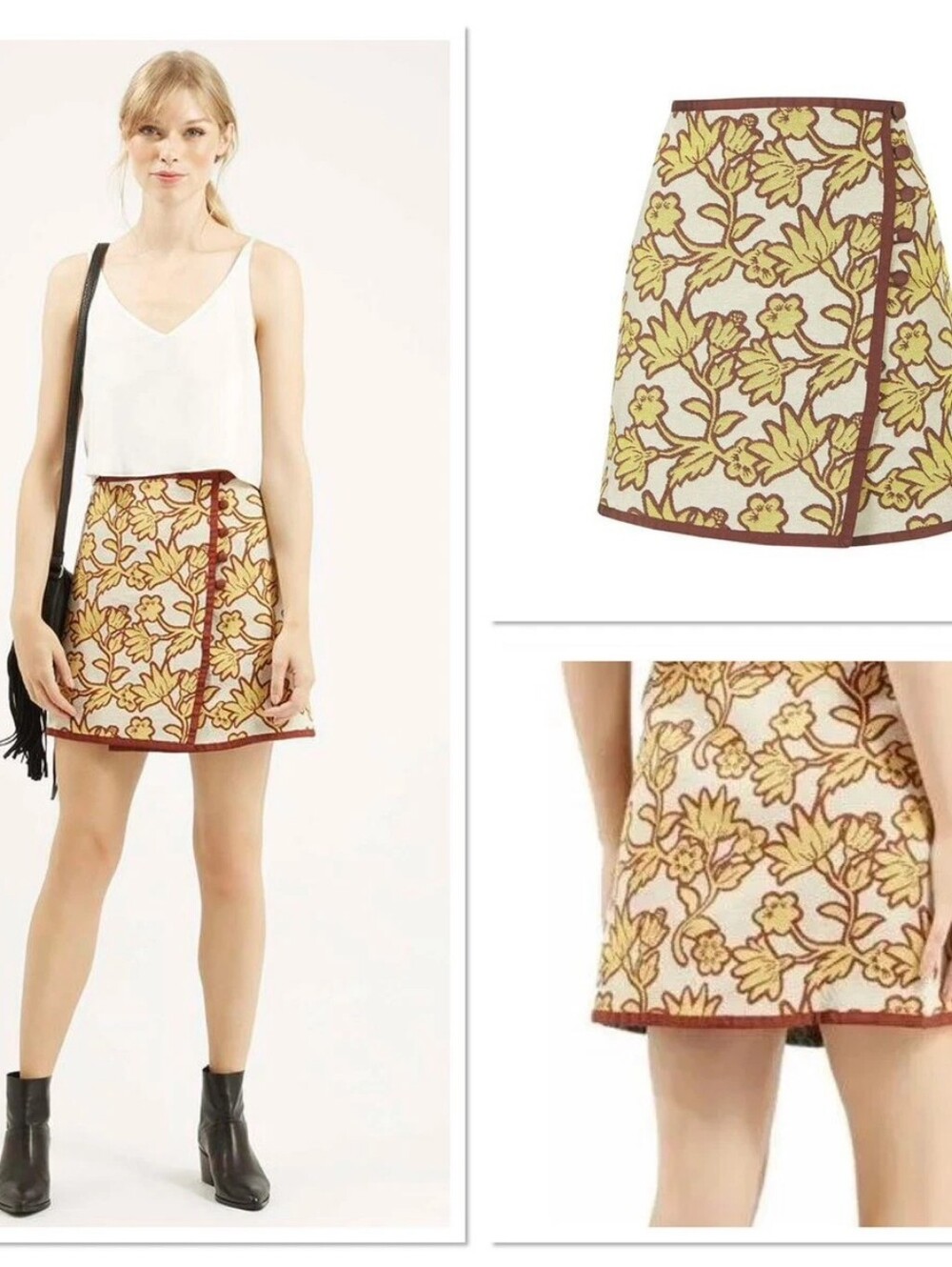 Topshop Yellow Floral A-Line Skirt with Brown Trim. Tapestry Type Material